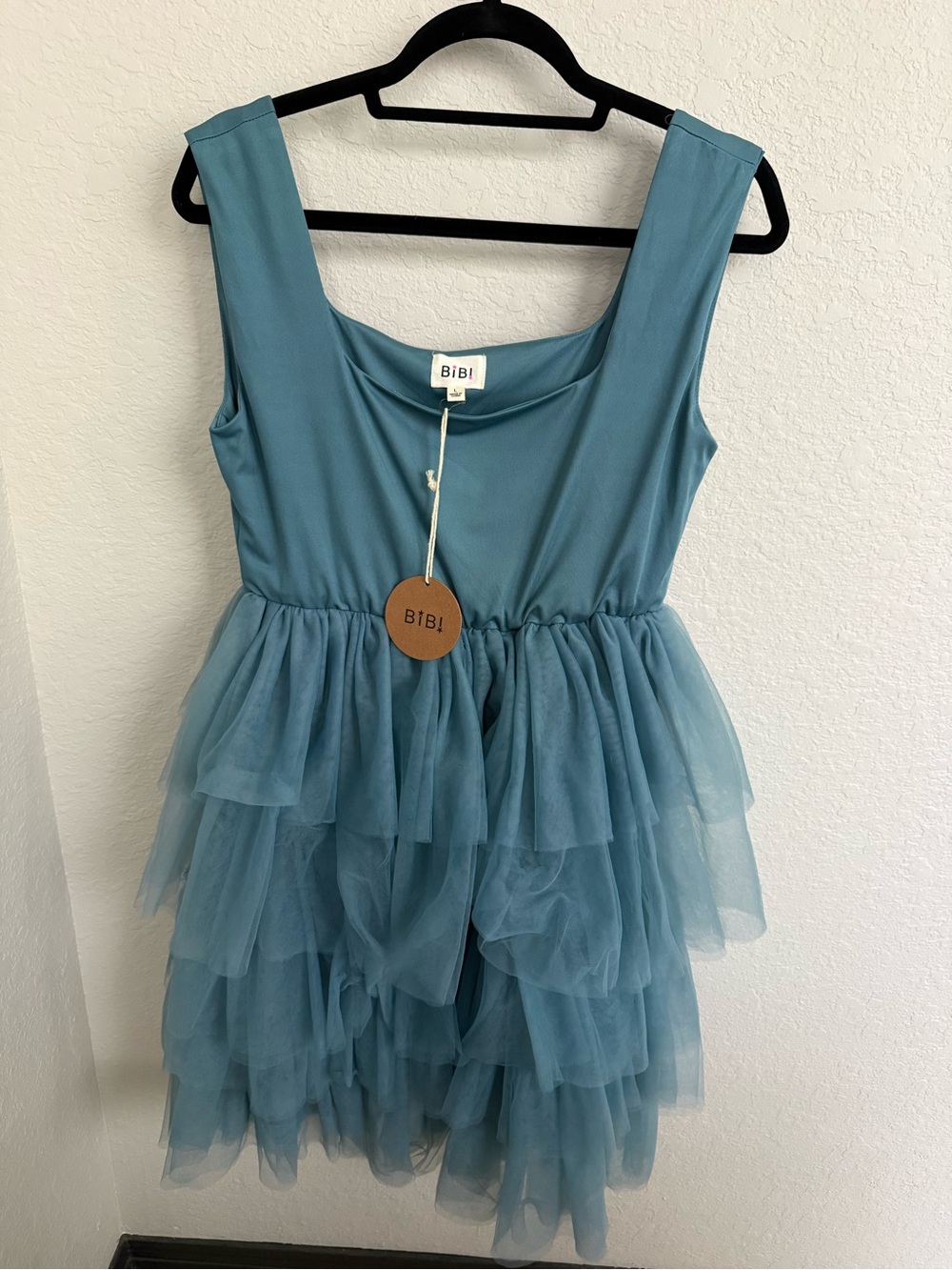 BiBi Dusty Blue Tiered Tulle Mini Dress NWT Size Large